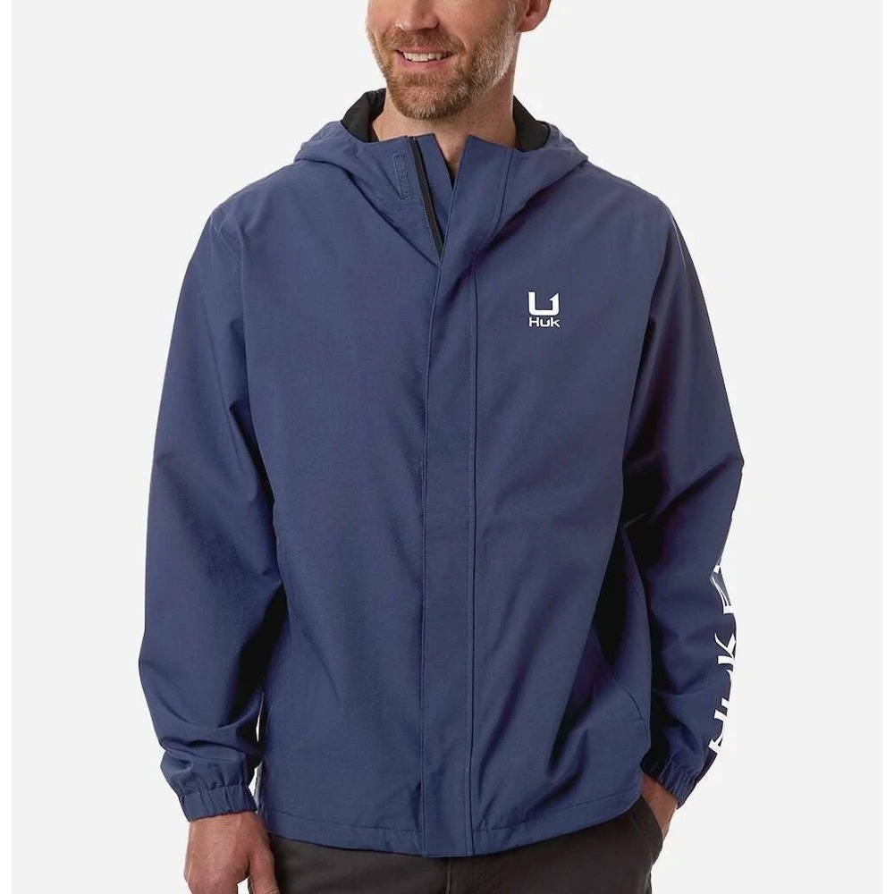 Huk Storm Fishing Jacket Mens Large Navy Blue Waterproof Rain Coat H4000159 NEW